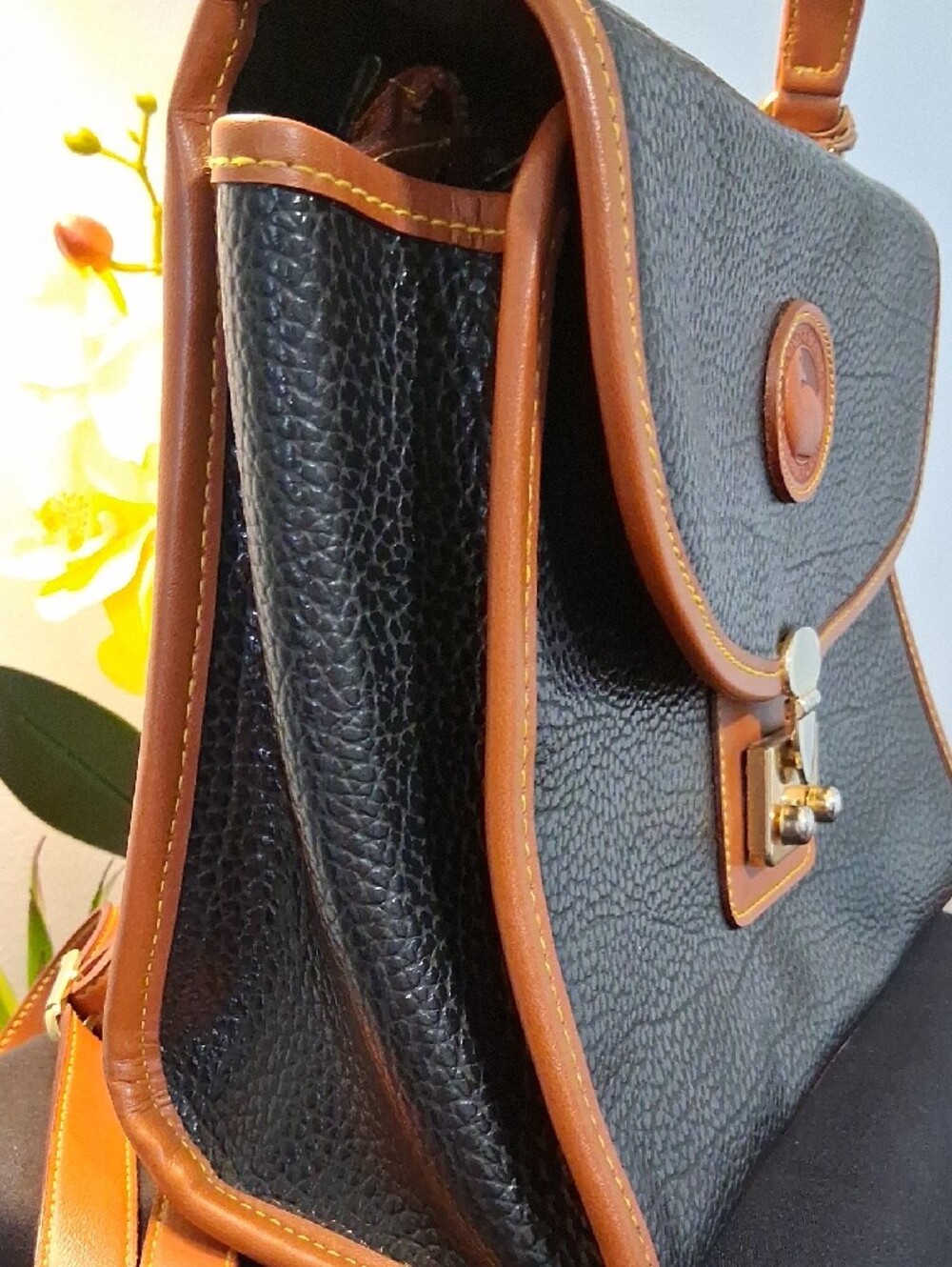 Dooney & Bourke Black Pebbled Leather Satchel with Brown Trim - Picture 13 of 14